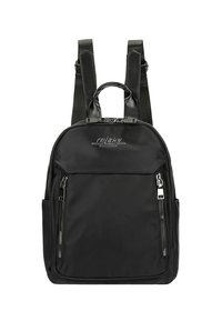 Zaino nero dal design elegante, realizzato in tessuto resistente. Dotato di una maniglia superiore, spallacci regolabili, due tasche anteriori con zip e dettaglio del logo.