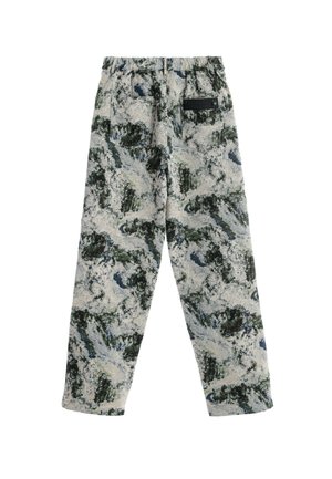 Pantalones de algodón con una mezcla relajada, que presentan un patrón abstracto multicolor en tonos verdes, azules y crema, con una cinturilla elástica.