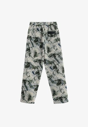 Pantalones de algodón con una mezcla relajada, que presentan un patrón abstracto multicolor en tonos verdes, azules y crema, con una cinturilla elástica.