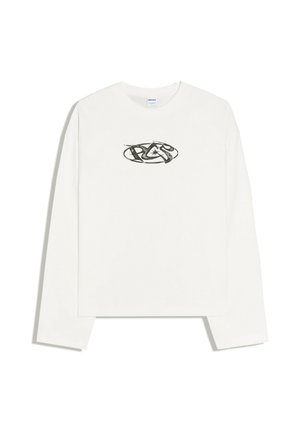 Weißes Langarmshirt mit Rundhalsausschnitt und einer schwarzen abstrakten ovalen Grafik in der Mitte der Brust.