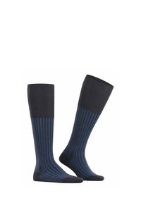 Calze fino al ginocchio di un blu navy scuro con strisce verticali azzurro chiaro. Texture a costine con bordo e punta solidi di colore scuro. Materiale in misto cotone.