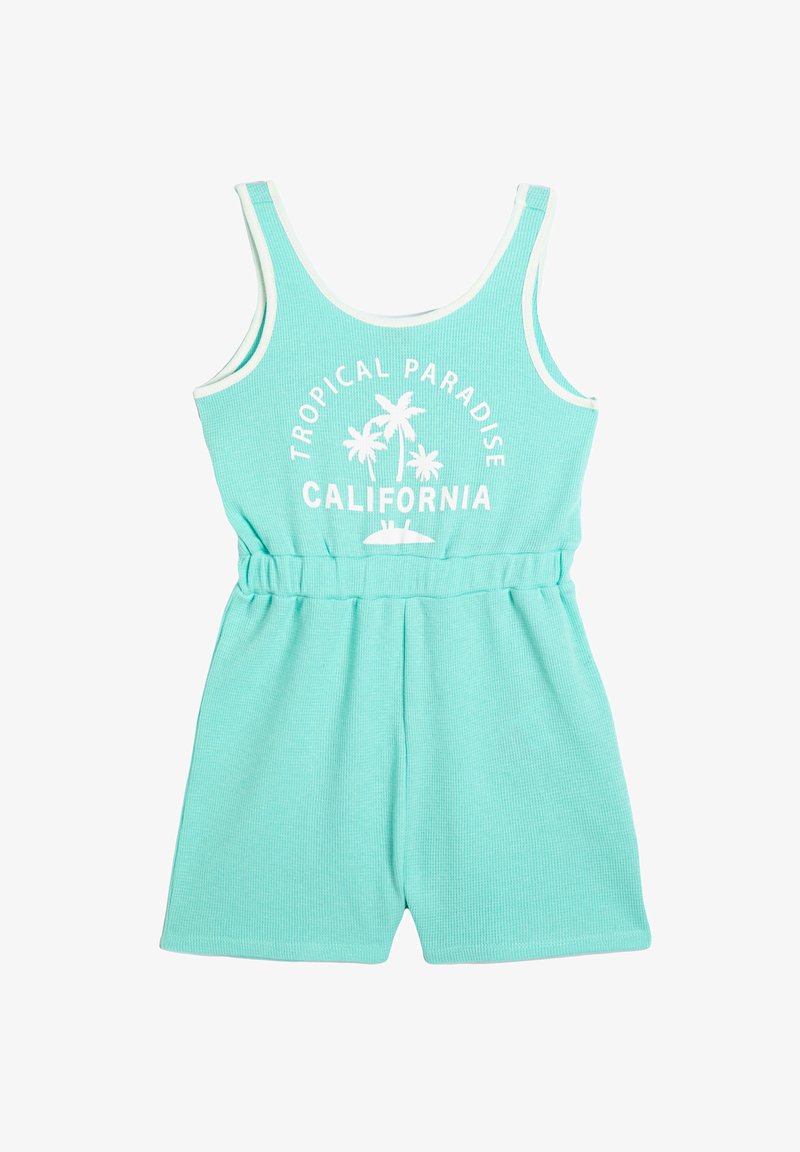 Mono de color turquesa con relieve y cintura ajustada, que presenta el texto blanco "TROPICAL PARADISE CALIFORNIA" y gráficos de palmeras en la parte frontal.