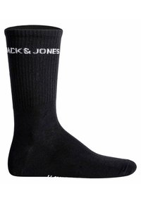 Schwarze Socken mit gerippter Textur, in mittlerer Wadenhöhe, mit weißem "Jack & Jones"-Logo auf der Seite bedruckt.