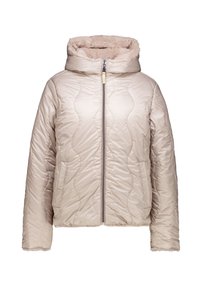 Chaqueta acolchada de color beige con capucha forrada de suave piel sintética, textura lisa, cierre frontal con cremallera y puños de canalé.