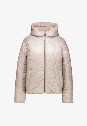 Beige quilted jacket featuring a hood lined with soft faux fur, smooth texture, front zipper closure, and ribbed cuffs.