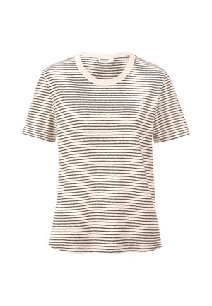 Striped t-shirt in cream with thin black horizontal lines. Short sleeves, round neckline, soft texture, relaxed fit.