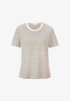 Gestreept T-shirt in crème met dunne zwarte horizontale lijnen. Korte mouwen, ronde halslijn, zachte textuur, relaxte pasvorm.