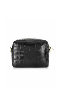 Czarny etui ze skóry wytłaczanej w motyw krokodyla, o prostokątnym kształcie, z złotym suwakiem i gładką, błyszczącą teksturą.