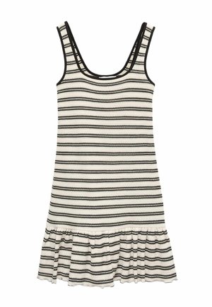 Abito senza maniche in maglia bianca con strisce orizzontali nere e orlo arricciato, con scollo a U e bordatura nera sulle spalline.