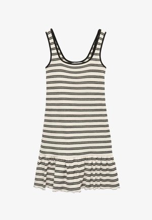 Vestido blanco sin mangas de punto con rayas horizontales negras y dobladillo con volantes, con escote redondo y ribete negro en las tiras.