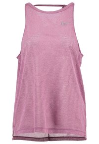 Camiseta deportiva sin mangas de color púrpura con un ajuste holgado, confeccionada con tela de malla transpirable. Presenta un escote redondo y un detalle de logotipo minimalista.