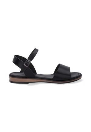 Black leather sandal with an open toe design, adjustable ankle strap, and a brown flat sole. Features minimalistic styling and smooth texture.