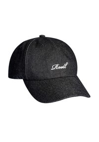 Black denim baseball cap with a curved brim, features white embroidered text on the front, and has a textured fabric surface.