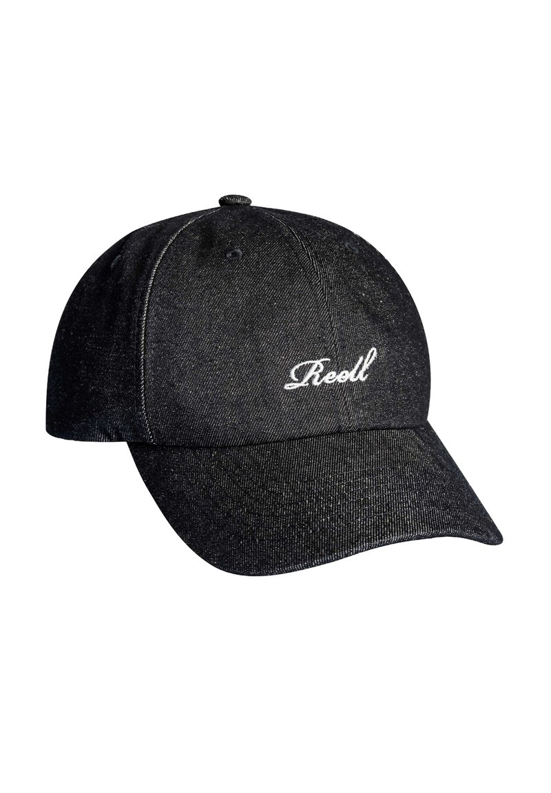 Black denim baseball cap with a curved brim, features white embroidered text on the front, and has a textured fabric surface.