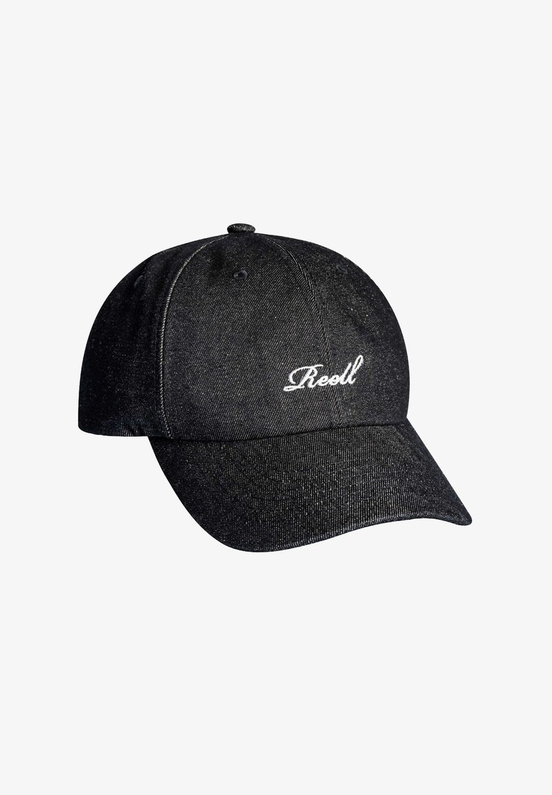 Schwarze Denim-Baseballkappe mit gebogenem Schirm, featuring weißen gestickten Text auf der Vorderseite und hat eine strukturierte Stoffoberfläche.