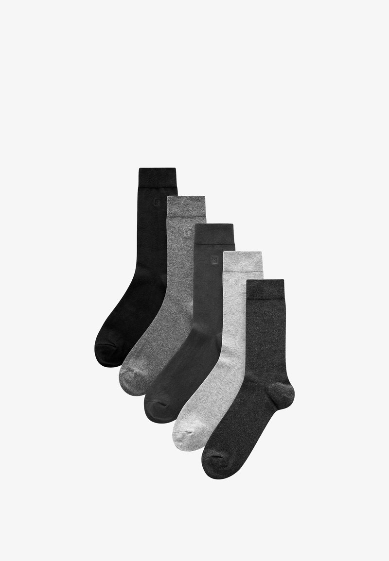 Fünf Paar Socken in verschiedenen Schwarz-, Grau- und Hellgrautönen. Jedes Paar hat einen gerippten Bündchen und eine glatte Textur.