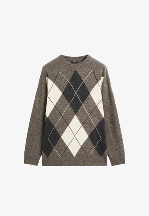 Brown knit sweater with large beige, dark gray, and black argyle diamond pattern, crew neck, and long sleeves.