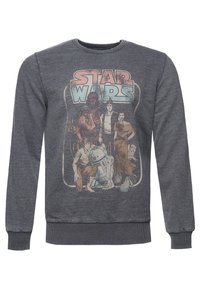 Felpa grigio scuro con maniche lunghe, caratterizzata da una stampa grafica in stile vintage di personaggi e droidi di Star Wars in colori smorzati.