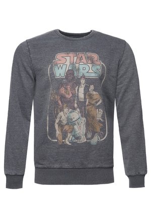 Sudadera gris oscuro de manga larga con un estampado gráfico vintage de Star Wars que presenta personajes y droides en colores apagados.