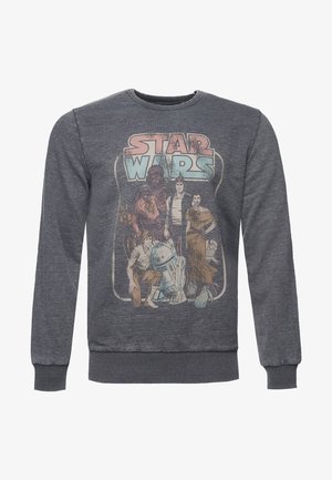 Tmavě šedá mikina s dlouhými rukávy, která obsahuje vintage grafický potisk postav a droidů ze Star Wars v tlumených barvách.