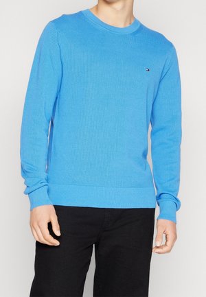 Mann in einem leuchtend blauen, langärmeligen Strickpullover mit kleinem Logo auf der Brust und schwarzen Hosen vor einem schlichten Hintergrund.
