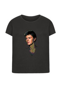 Black T-shirt featuring a colorful graphic print of a person's face on the front, with a V-neck design and short sleeves.