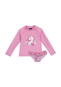 Rosa långärmad rash guard med enhörningstryck och blommönster, i kombination med en rosa bikiniunderdel med volanger och blommönster.