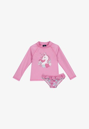 Rosa Langarm-Rashguard mit Einhornmuster und floralen Akzenten, kombiniert mit einem rosa Bikiniunterteil mit Rüschen und floralem Muster.