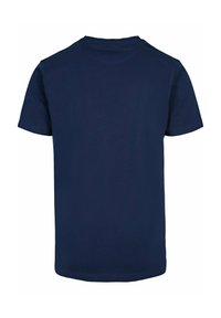 Mørkeblå bomulds-t-shirt til børn, korte ærmer, rund halsudskæring, ensfarvet design, uden grafik eller mønstre, blød tekstur, lige kant.