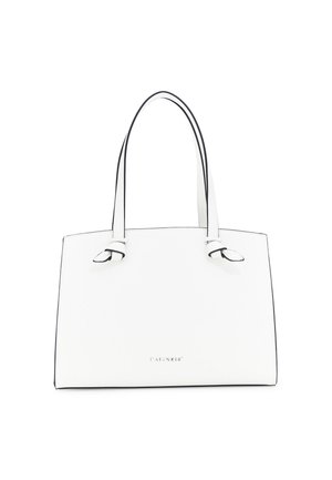 Borsa rettangolare bianca con manici sottili e lunghi caratterizzati da dettagli a nodo e bordo nero sottile, con piccolo testo del marchio centrato.