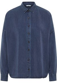 Camisa de botones azul oscuro con rayas verticales, que presenta un cuello clásico, mangas largas y dobladillo redondeado. Hecha de una suave tela texturada.