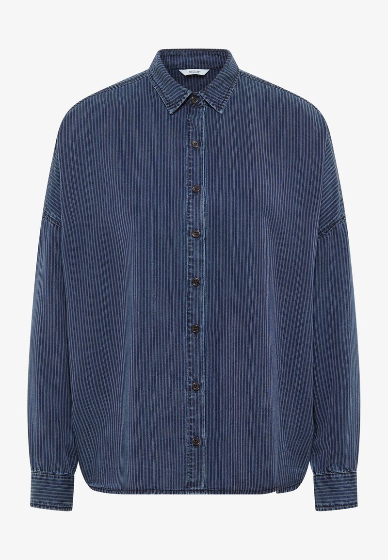 Camisa de botones azul oscuro con rayas verticales, que presenta un cuello clásico, mangas largas y dobladillo redondeado. Hecha de una suave tela texturada.