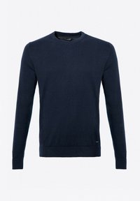 Maglione a maniche lunghe blu navy in morbido tessuto a maglia, con scollatura rotonda e orlo e polsini a coste. Design semplice senza motivi.