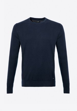 Granatowy sweter z długim rękawem, wykonany z miękkiego dzianiny, z okrągłym dekoltem oraz ściągaczami u dołu i na rękawach. Prosty wzór bez żadnych nadruków.