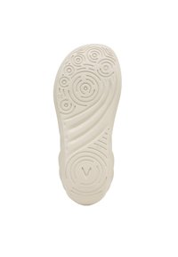 Semelle d'une chaussure, en caoutchouc blanc cassé avec des motifs de semelle circonflexes et ondulés. Présente un logo "V" et une surface texturée pour une meilleure adhérence.