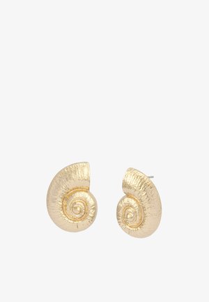 Gold-toned earrings shaped like spiral seashells, featuring a textured surface with smooth, round accents at the center.
