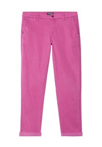 Fitted pink cotton trousers with rolled cuffs, side pockets, and a single button closure. Smooth texture and straight cut design.