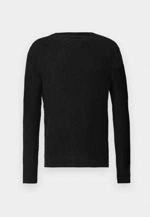 Black knitted sweater featuring a textured pattern, crew neck, and ribbed cuffs and hem. Material appears soft with a tight weave.