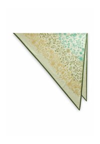 Nappe triangulaire à motifs floraux avec une base vert clair, présentant des motifs floraux dorés et teal, et une bordure vert foncé.