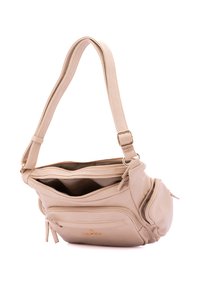 Borsa a tracolla beige realizzata in pelle testurizzata, dotata di tracolla regolabile, due scomparti con zip e dettagli metallici color oro.