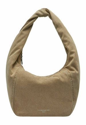Sac hobo en tissu beige doux avec bandoulière incurvée et fermeture éclair, étiqueté Liebeskind Berlin en bas au centre.