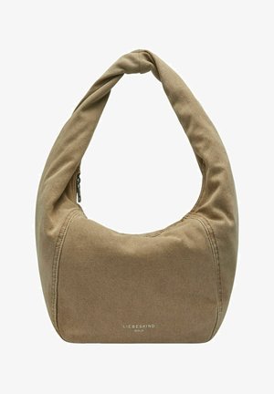 Sac hobo en tissu beige doux avec bandoulière incurvée et fermeture éclair, étiqueté Liebeskind Berlin en bas au centre.