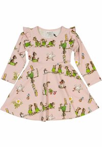 Rosa Langarmkleid mit verschiedenen Cartoon-Tieren und Pflanzen in einem verspielten Muster, mit Rüschenschultern und einem ausgestellten Rock.