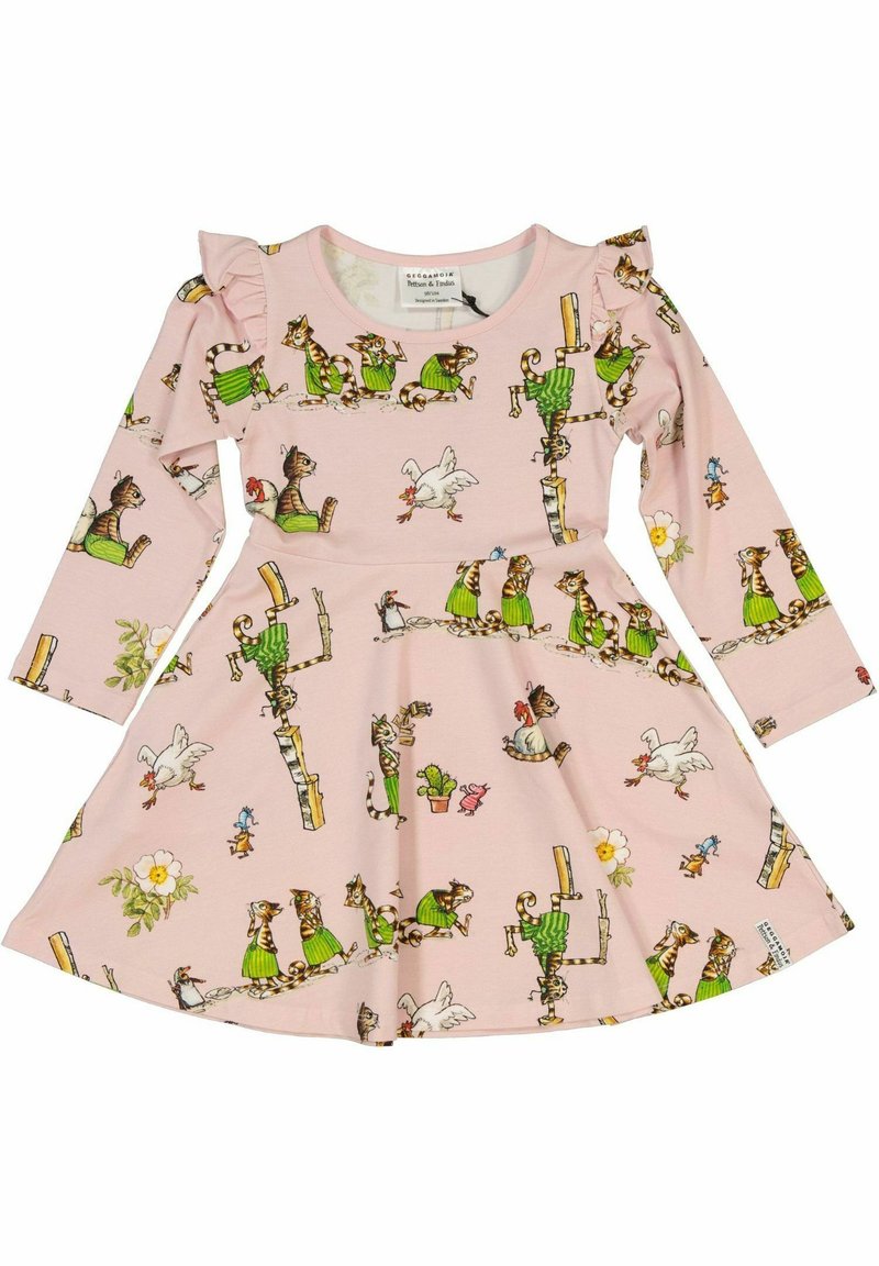 Rosa Langarmkleid mit verschiedenen Cartoon-Tieren und Pflanzen in einem verspielten Muster, mit Rüschenschultern und einem ausgestellten Rock.