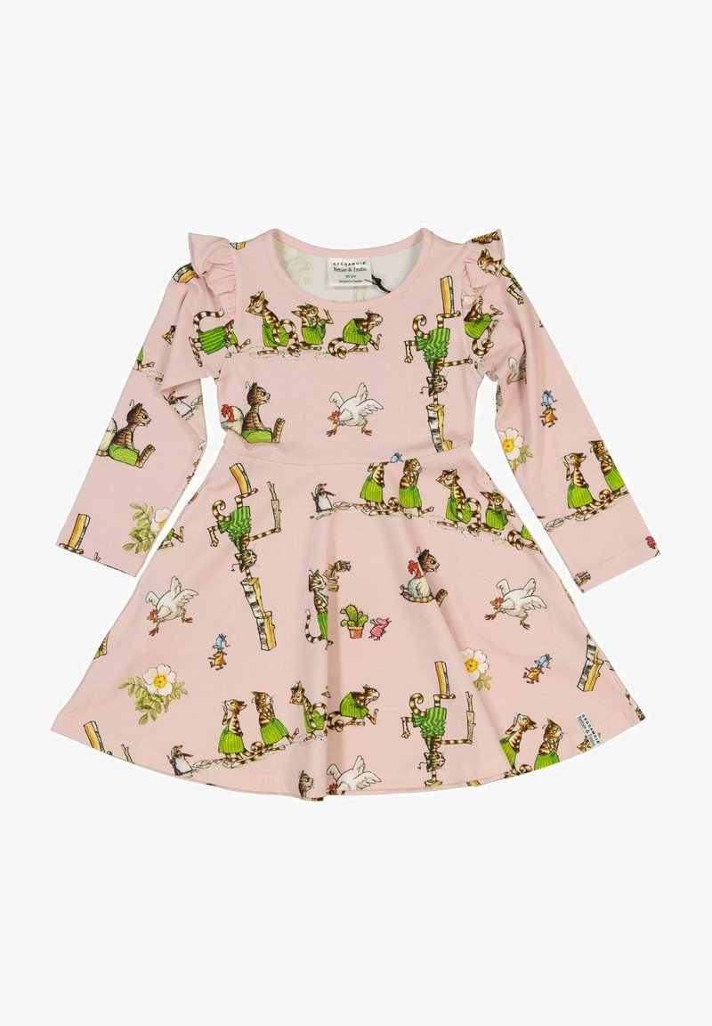 Pink long-sleeve dress featuring various cartoon animals and plants in a playful pattern, with ruffled shoulders and a flared skirt.
