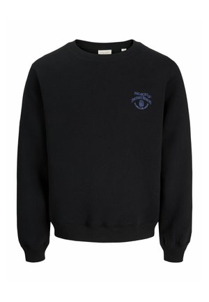 Sort langærmet sweatshirt med rund hals og ribstrikkede manchetter og kant, med lille blå tekst og grafik på venstre brystområde.