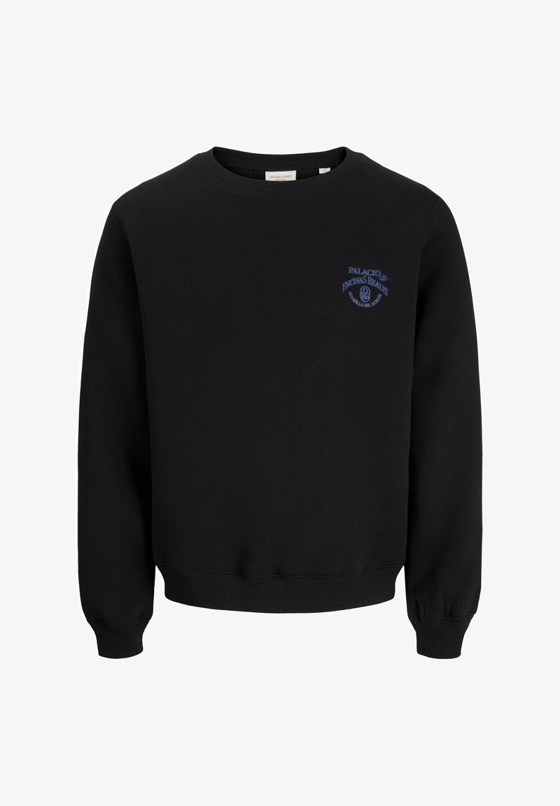 Sweat-shirt noir à manches longues avec col rond, poignets et ourlet côtelés, comportant un petit texte bleu et un graphique sur le côté gauche de la poitrine.