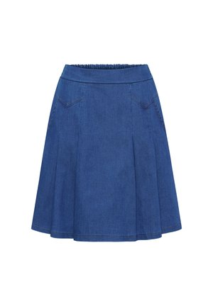 Blå knælængde denimnederdel med elastisk linning og påsyede forlommer, med let skørt og synlige sømdetaljer.