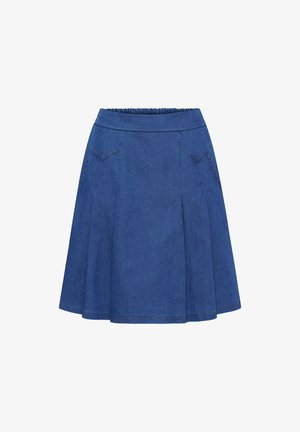 Blå knælængde denimnederdel med elastisk linning og påsyede forlommer, med let skørt og synlige sømdetaljer.