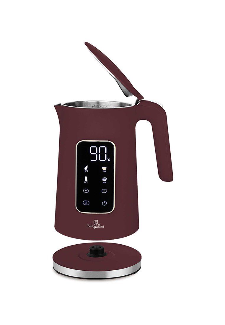 Elektrischer Wasserkocher mit einem geschwungenen burgunderfarbenen Gehäuse, einem Innenleben aus Edelstahl, einem digitalen Display, das die Temperatur anzeigt, und einem eleganten, abnehmbaren Deckel.